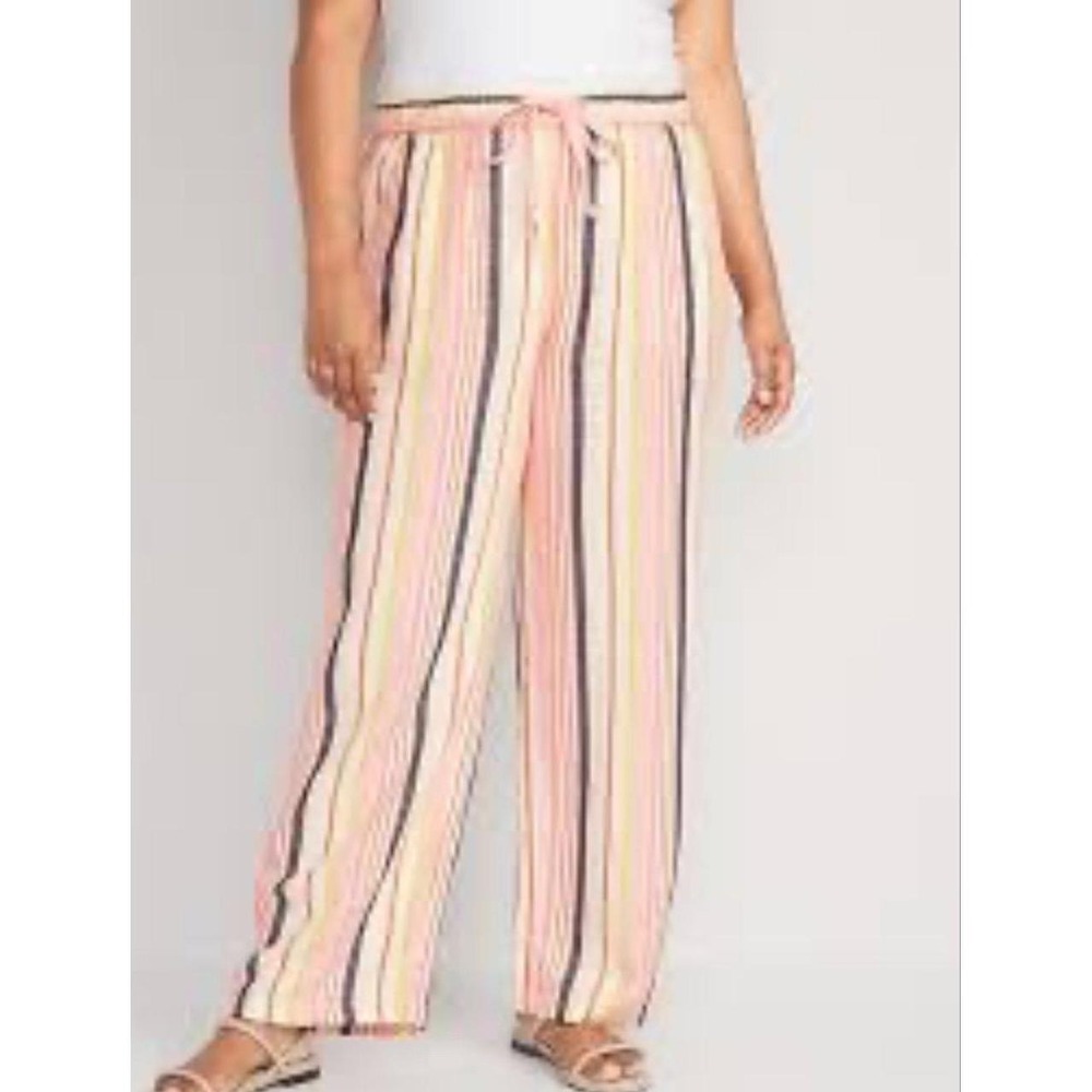 Womens NWT Old Navy Linen Blend Stripe Drawstring Wide Leg Pants‎